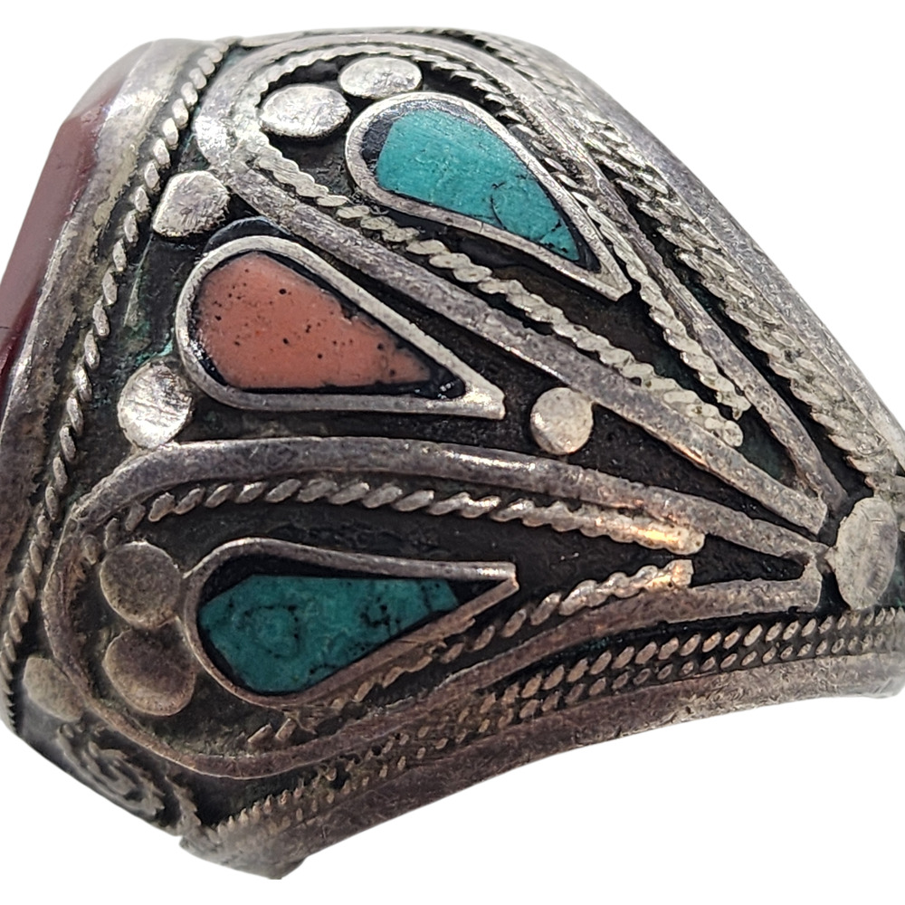 Vintage Ring Turkmen Silver Carved Turquoise Coral Inlay Sz 8.5 Arabic BIG - Picture 9 of 16